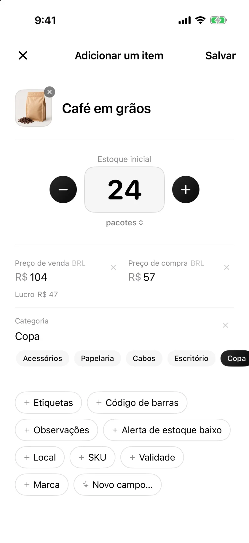 A tela Novo item do Invenva com os campos quantidade, preço e categoria