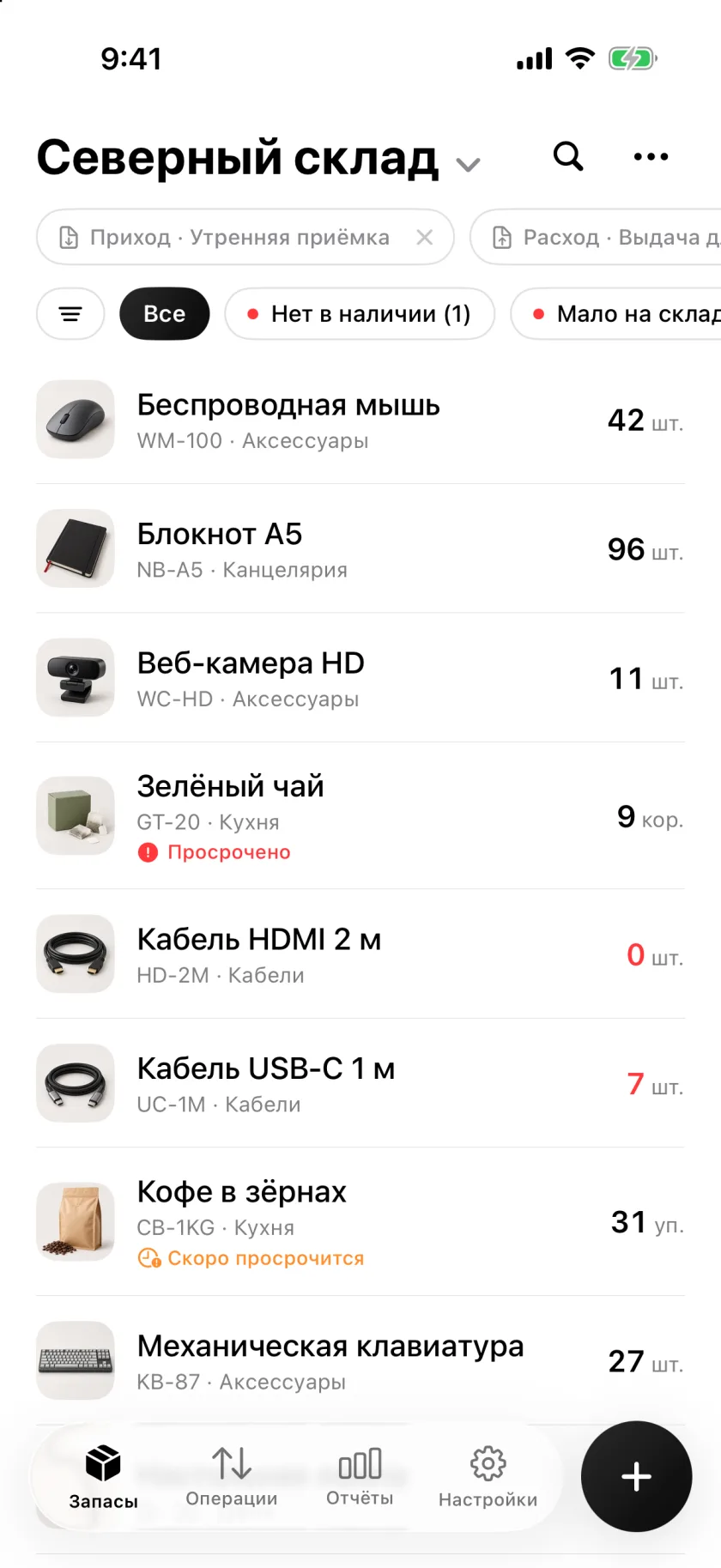 Список товаров в Invenva с остатками и предупреждениями о низком запасе