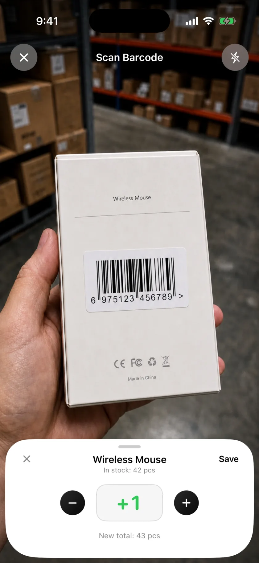 Invenva scanning a product barcode and adding one unit to stock