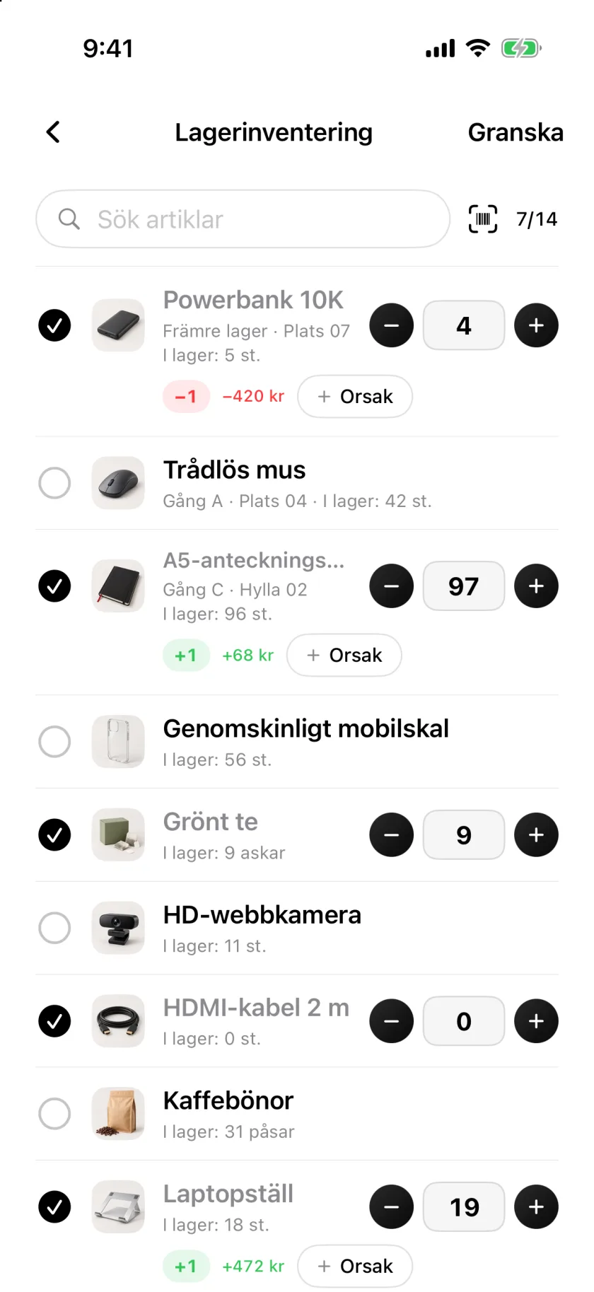 En inventering i Invenva med avbockade räknade rader