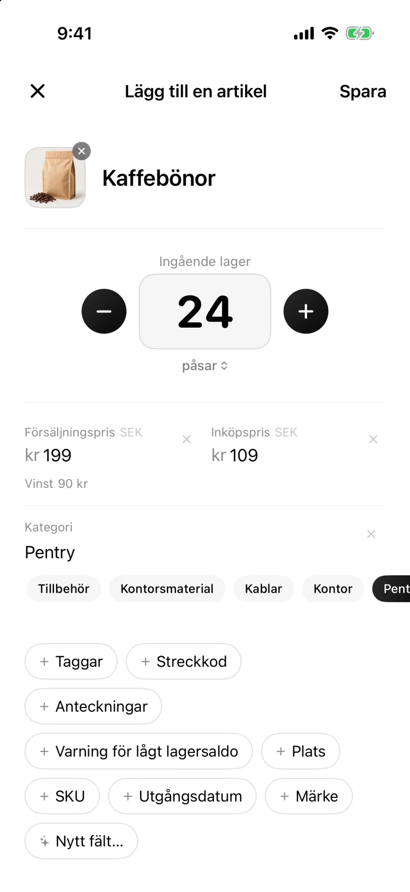 Skärmen Ny artikel i Invenva med fält för antal, pris och kategori