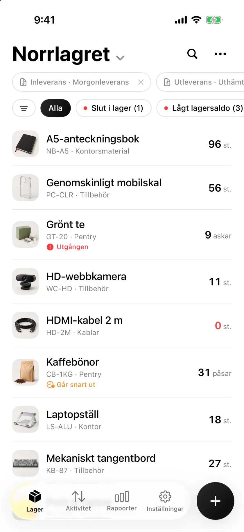 Lagerlistan i Invenva med antal och varningar för lågt lagersaldo