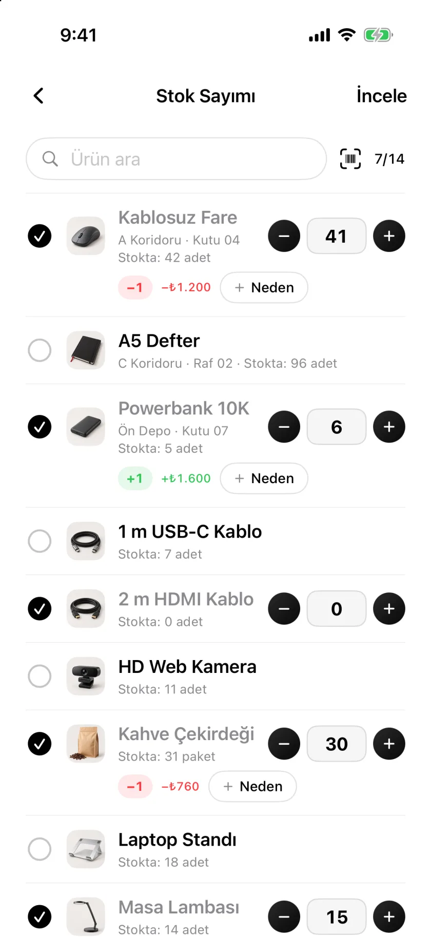 Invenva'da bir stok sayımı, sayılan satırlar işaretlenmiş