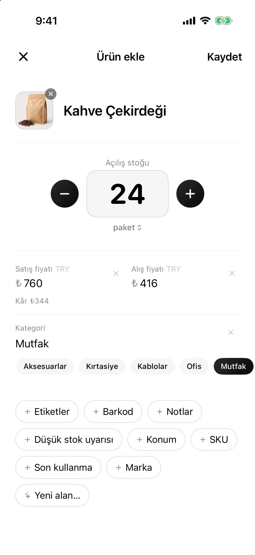 Invenva Yeni Ürün ekranı, miktar, fiyat ve kategori alanlarıyla