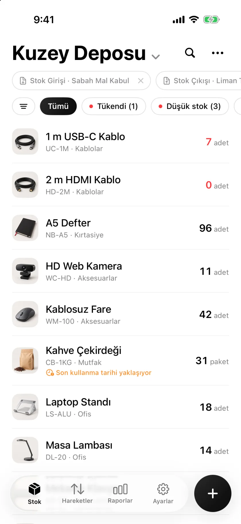 Invenva stok listesi, miktarlar ve düşük stok uyarılarıyla