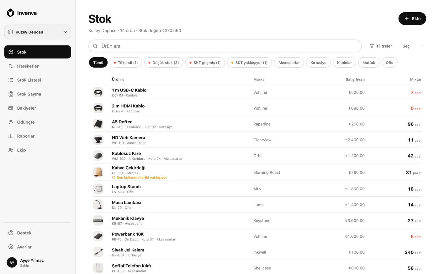 Invenva web uygulaması; miktarlar, kategoriler ve düşük stok uyarılarıyla stok listesi