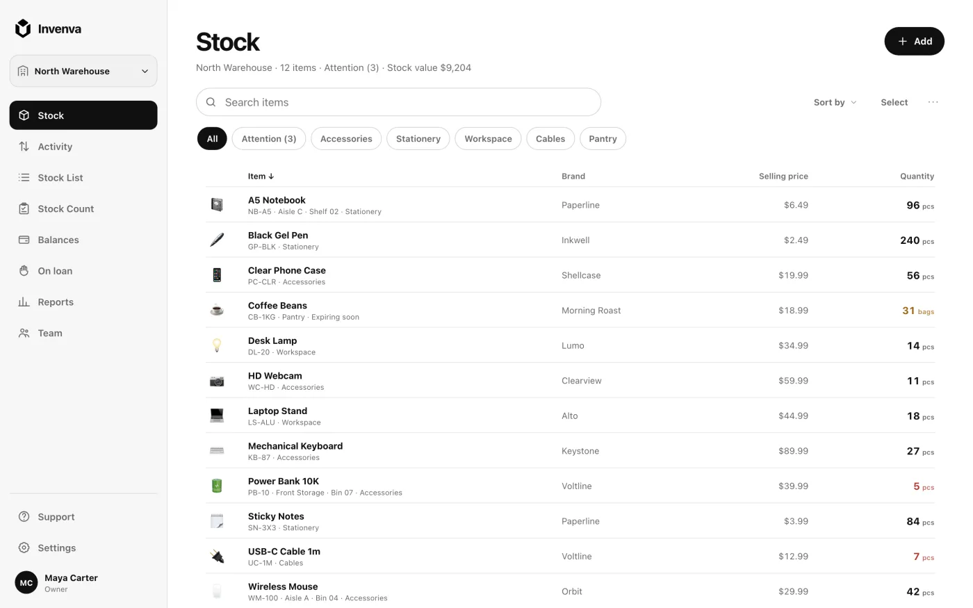 The Invenva web app showing a stock list with quantities, categories and low stock warnings