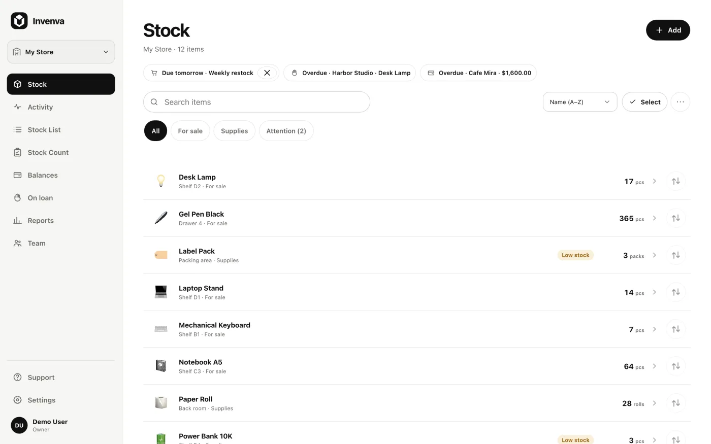 De Invenva-webapp met een voorraadlijst, aantallen, categorieën en waarschuwingen bij lage voorraad